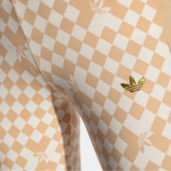 adidas Cream and Brown Checkered Print Signature Stirrup Leggings - Picture 2 of 9